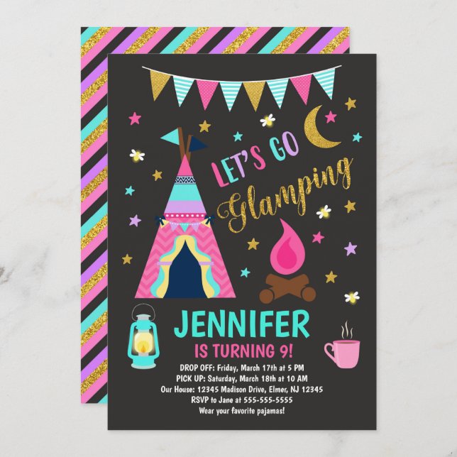 Glamping Birthday Party Invitation / Girls Camping (Front/Back)