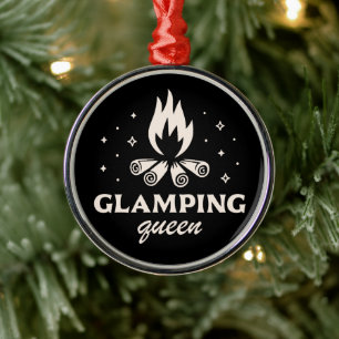 Glamping girl camping funny black aesthetic metal ornament