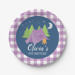 Glamping Girl purple tent Camping Birthday party Paper Plate