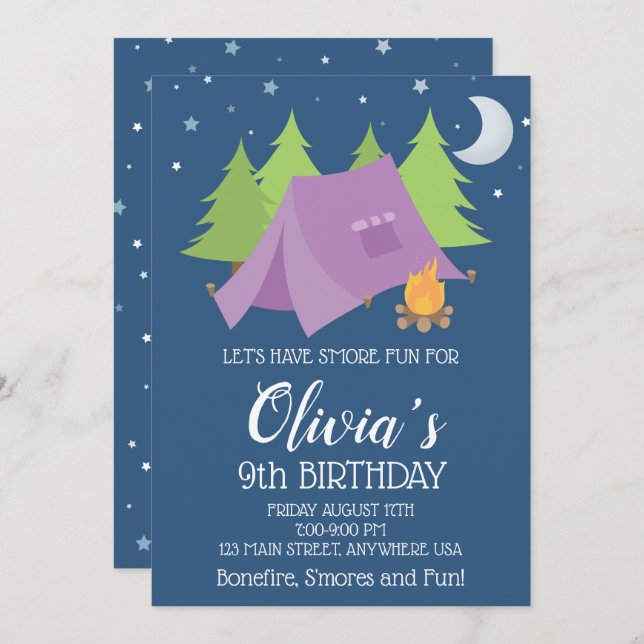 Glamping Girls Purple Camping Sleepover birthday Invitation (Front/Back)