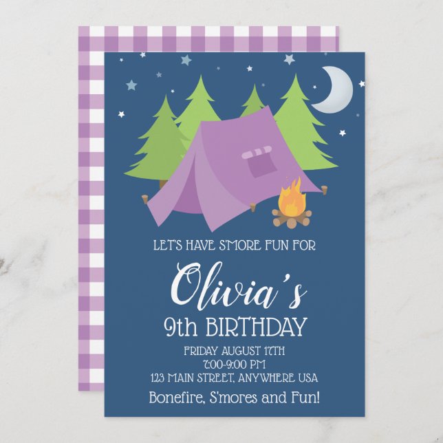 Glamping Purple plaid Camping Sleepover birthday Invitation (Front/Back)