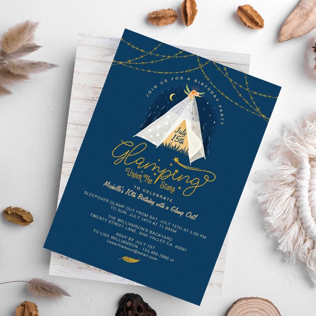 Glamping Under the Stars Tepee Navy & Gold Camping Invitation (Creator Uploaded)