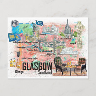 Glasgow Scotland Illustrated Travel Map with Roads Postcard