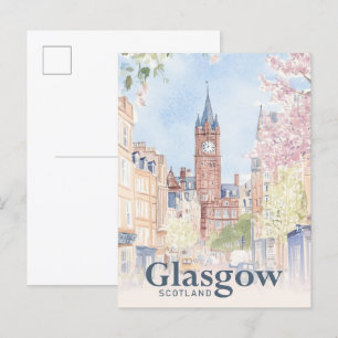 Glasgow Scotland Watercolor Painting Travel Postcard