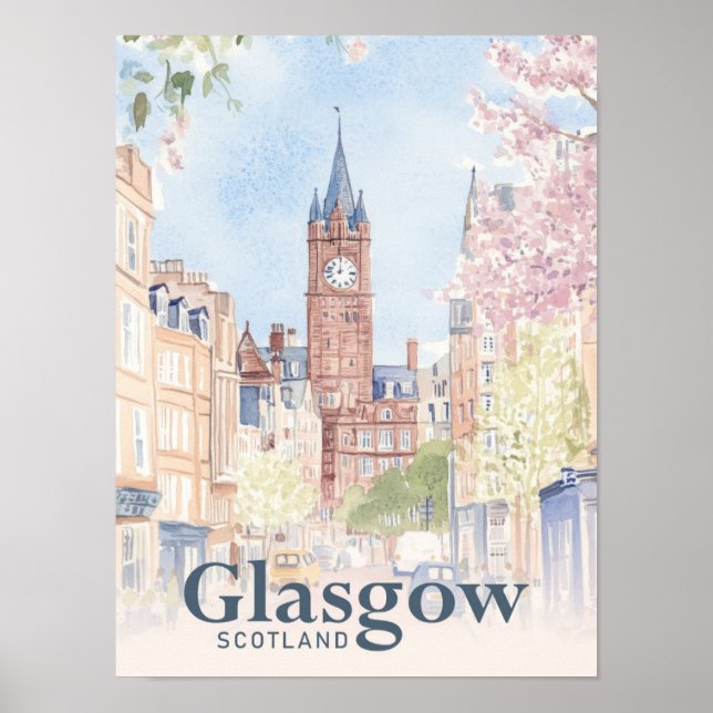 Glasgow Scotland Watercolor Painting Travel Poster (Front)