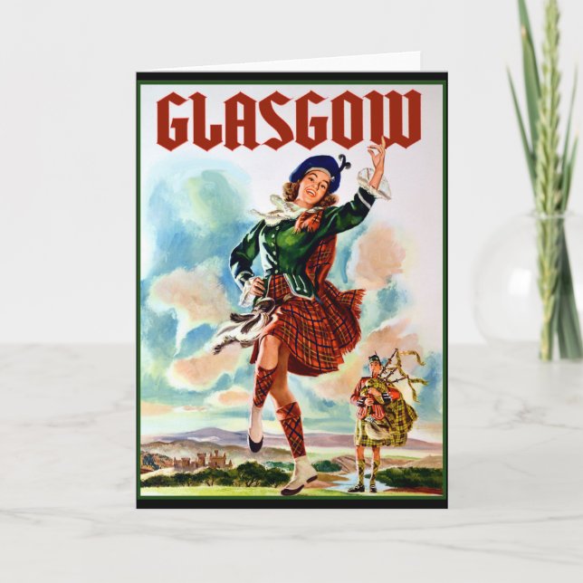 Glasgow Scottisn Girl Dancing with Bagpiper Card (Front)