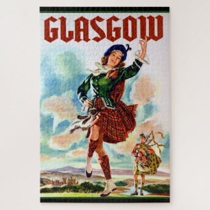 Glasgow Scottisn Girl Dancing with Bagpiper Jigsaw Puzzle