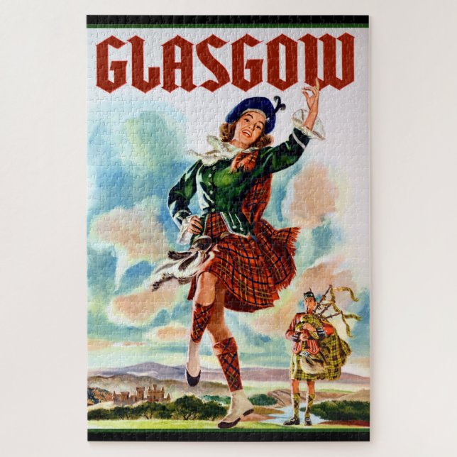 Glasgow Scottisn Girl Dancing with Bagpiper Jigsaw Puzzle (Vertical)