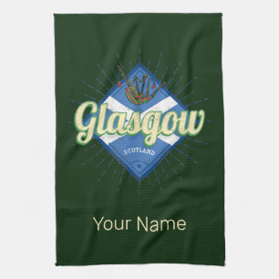 Glasgow UK City Scotland Retro Bagpipes Vintage Tea Towel