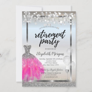 Glass Balloons Dress Silver Glitter Retirement Invitation