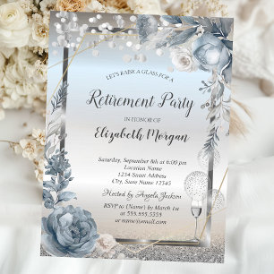 Glass Balloons Glitter Blue Flowers Retirement Invitation