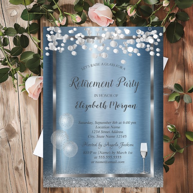  Glass Balloons Glitter Blue Metallic Retirement  Invitation (Creator Uploaded)