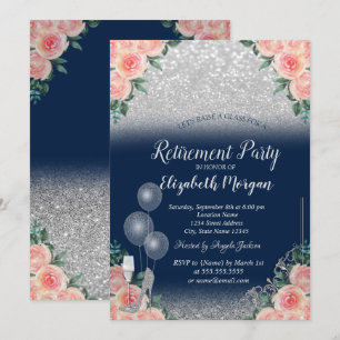 Glass Balloons Glitter Floral Navy Blue Retirement Invitation