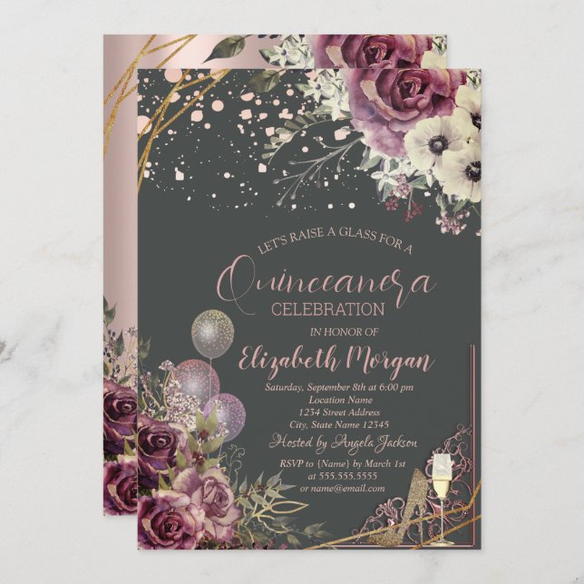 Glass Balloons Glitter Heels Flowers Quinceañera Invitation (Front/Back)