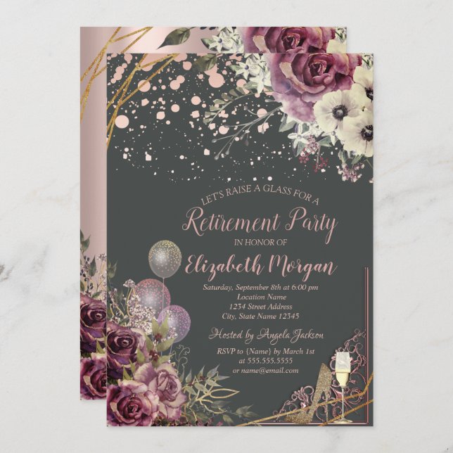 Glass Balloons Glitter Heels Flowers Retirement Invitation (Front/Back)