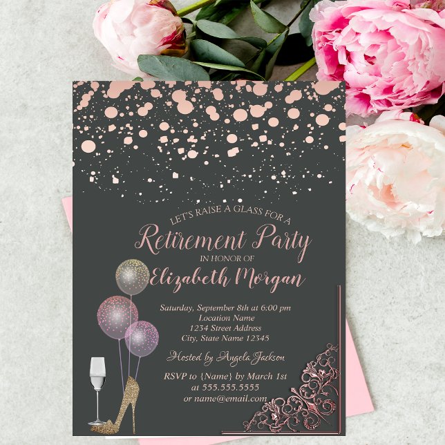 Glass Balloons Glitter Heels Rose Gold  Retirement Invitation (Creator Uploaded)
