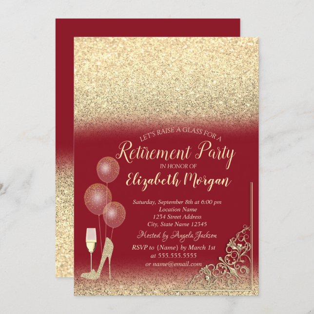 Glass Balloons Gold Glitter Red  Retirement Invitation (Front/Back)