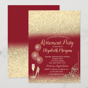 Glass Balloons Gold Glitter Red  Retirement Invitation