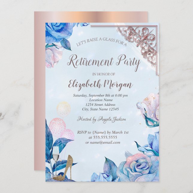 Glass Balloons,Heels Rose Gold,Flowers  Retirement Invitation (Front/Back)