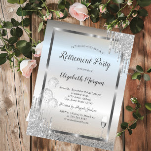 Glass Balloons Silver Glitter Drips Retirement  Invitation
