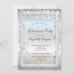 Glass Balloons Silver Glitter Frame Retirement  Invitation