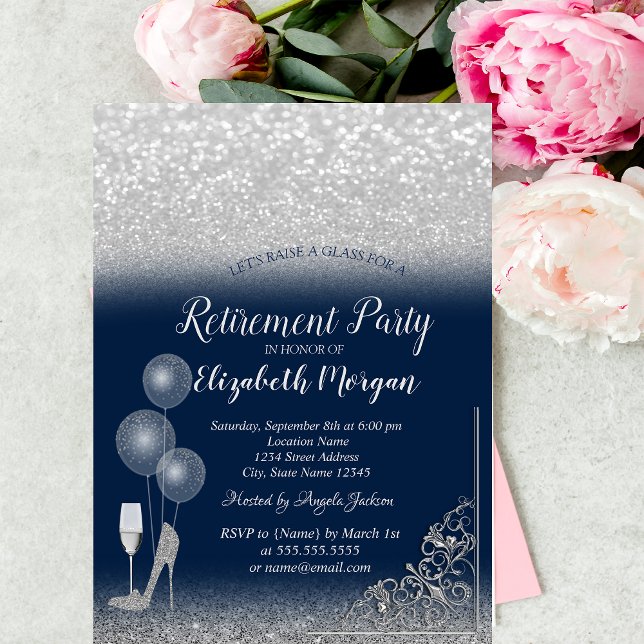 Glass Balloons Silver Glitter Navy Blue Retirement Invitation (Creator Uploaded)
