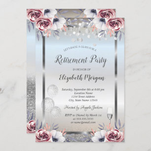 Glass Balloons Silver Glitter Roses Retirement Invitation