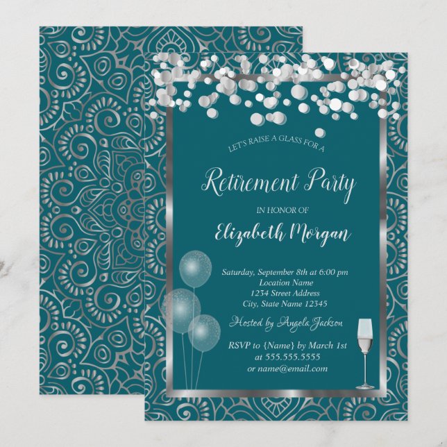 Glass Balloons Silver Mandala Green Retirement Invitation (Front/Back)