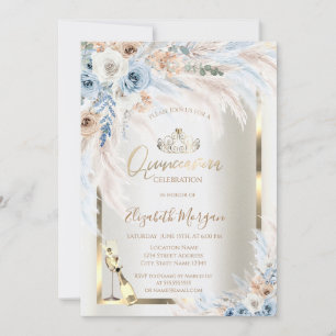 Glass Bottle Blue Roses Pampas Grass Quinceanera Invitation