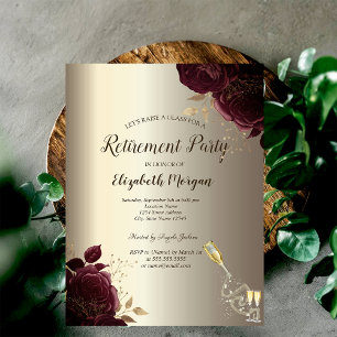Glass Bottle,Burgundy Roses Champagne Retirement  Invitation
