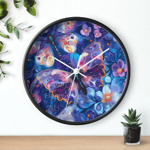 Glass Butterflies On Floral Colourful 3D Art Clock