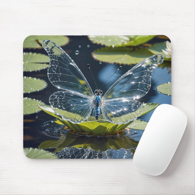 Glass Butterfly On Lily Pad Leaf Mouse Pad (With Mouse)