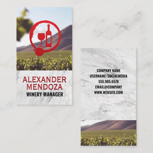 Glass Cheers Grapes | White Marble | Vineyard Business Card (Front/Back)