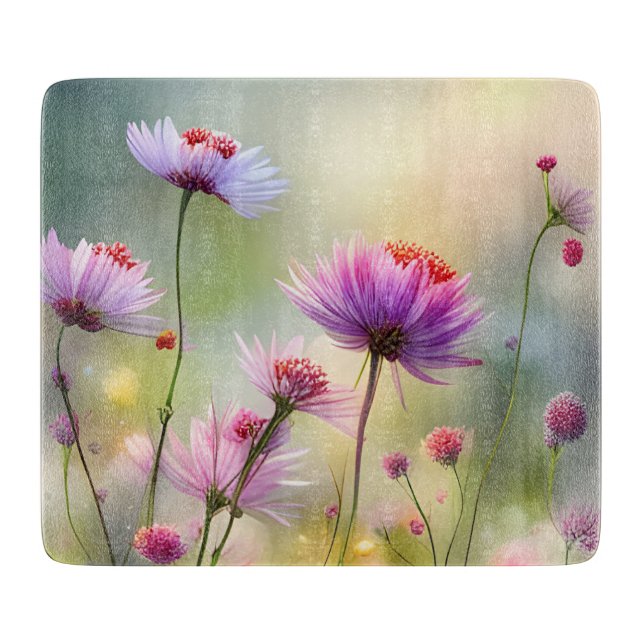 Glass Chopping Board with Pretty Wild Flowers (Front)