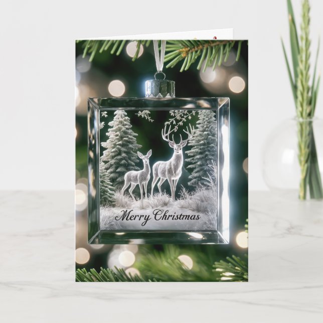 Glass Christmas Deer Ornament On Pine Tree Holiday Card (Front)