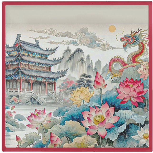 GLASS COASTER - A Dragon, Pagoda & Flower Garden (Creator Uploaded)