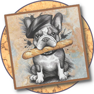 Glass COASTER -Frenchie on a Coaster with Baguette