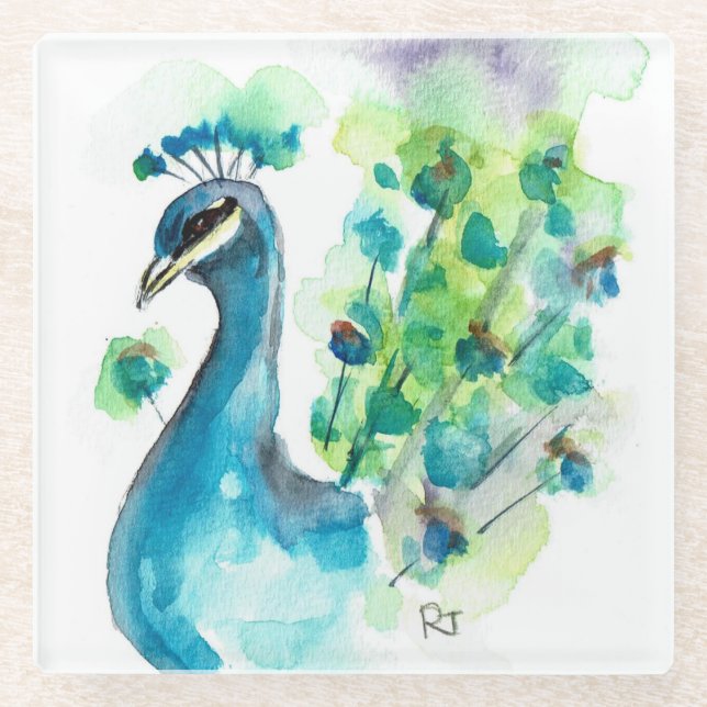 Glass Coaster- Peacock Watercolors Coaster (Front)