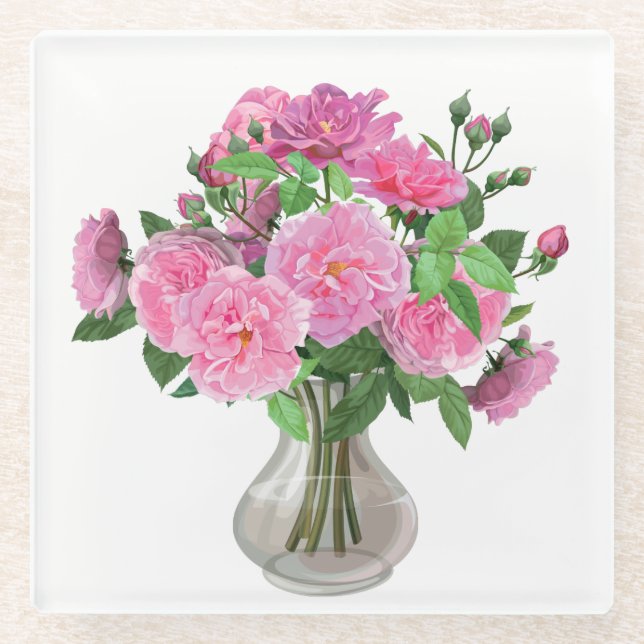 Glass Coaster-Pink Roses Coaster (Front)
