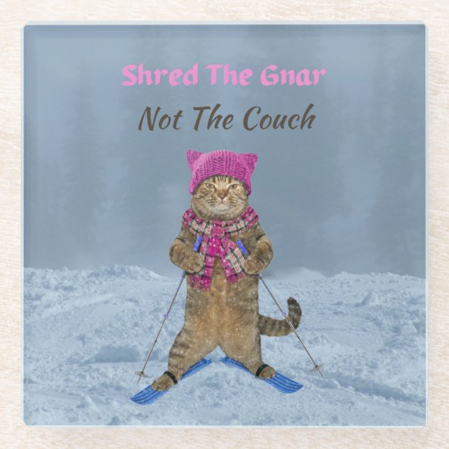 Glass Coaster, Shred the Gnar Ski Cat Coaster (Front)