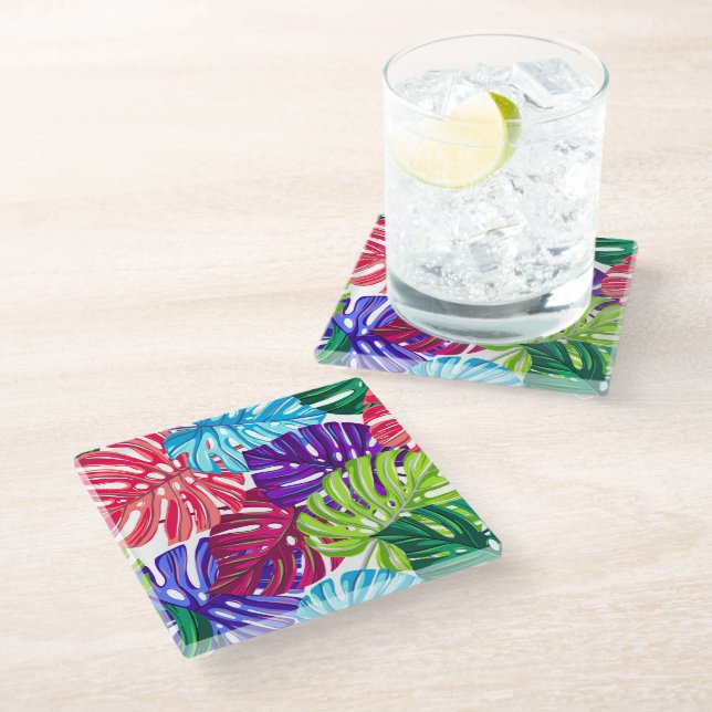 Glass Coaster Tropical Palms Print (Angled)