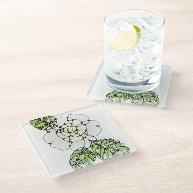 Glass Coaster - White Gardenia (Angled)