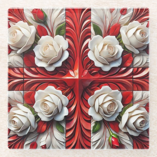 Glass coaster with English Roses Design (Front)