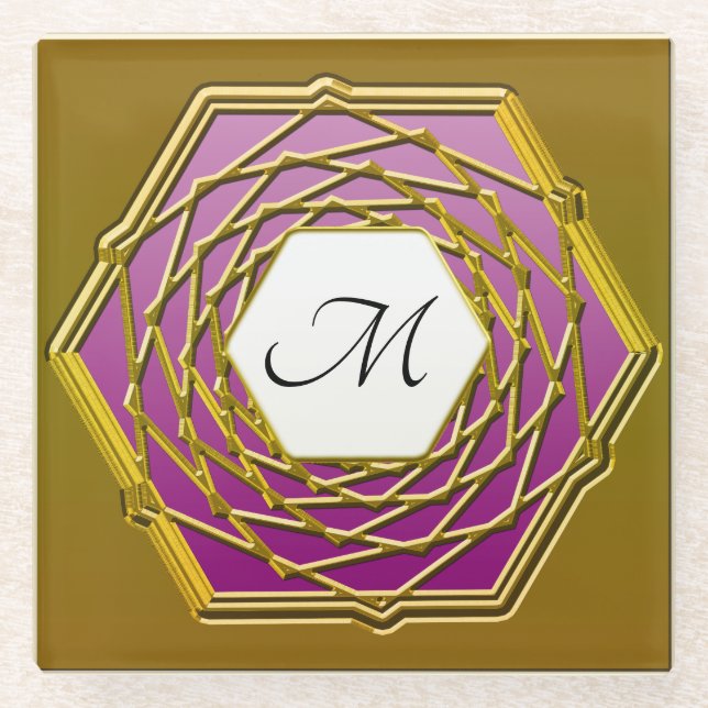 Glass Coaster With Gold Wine Red Hexagon Design (Front)