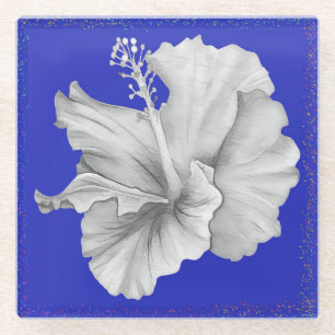 Glass Coaster with Hibiscus on Blue Background