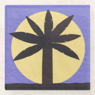 Glass Coaster with Palm Tree and Full Moon Design
