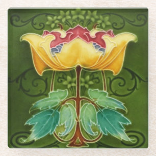 Glass Coaster - Yellow Floral Art Nouveau 