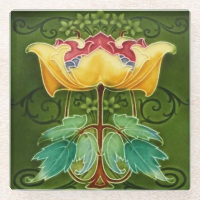 Glass Coaster - Yellow Floral Art Nouveau  (Front)
