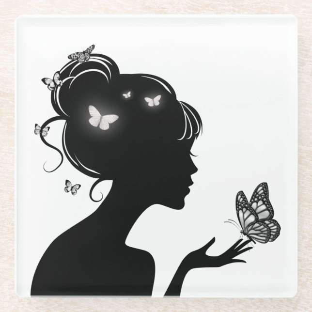 Glass Coasters With White Butterflies Woman (Front)
