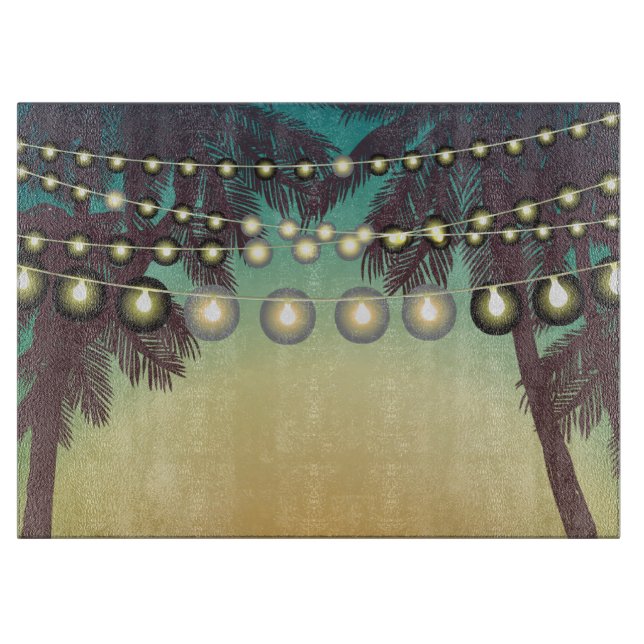Glass Cutting Beach Sunset Palm Trees String Light Cutting Board (Front)